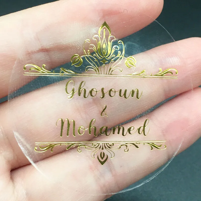 100pcs/Lot Custom Gold Foil Stickers Wedding Favor Stickers Gold Foil Custom Stickers Custom Gold Foiled Clear Stickers