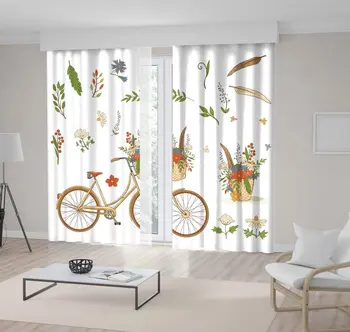 

Curtain Yellow Bike Feather Branches Green Leaves and Basket with Colorful Flowers Drawing Retro Style Artwork Printed