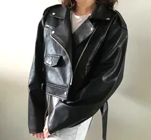 Jacket Short Winter Coat Faux-Leather Mozuleva Black Women Retro PU Turn-Down-Neck Loose
