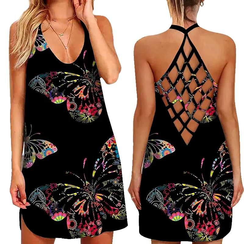 Women 2021 Loose Summer Sexy Backless Suspenders Dress Butterfly Printed Summer Boho Casual Party Elegant Dresses slip dress