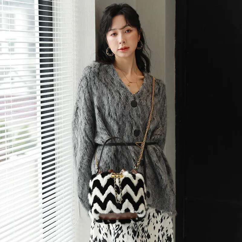 Mink Fur Fashion Handbags With Black And Gray Wave Pattern Bucket Bag Light Luxury Single Shoulder Messenger Bag