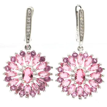 

35x19mm New Statement Jewelry for Women Silver Earrings Created Pink Tourmaline Zircon Fashion Eye Catching