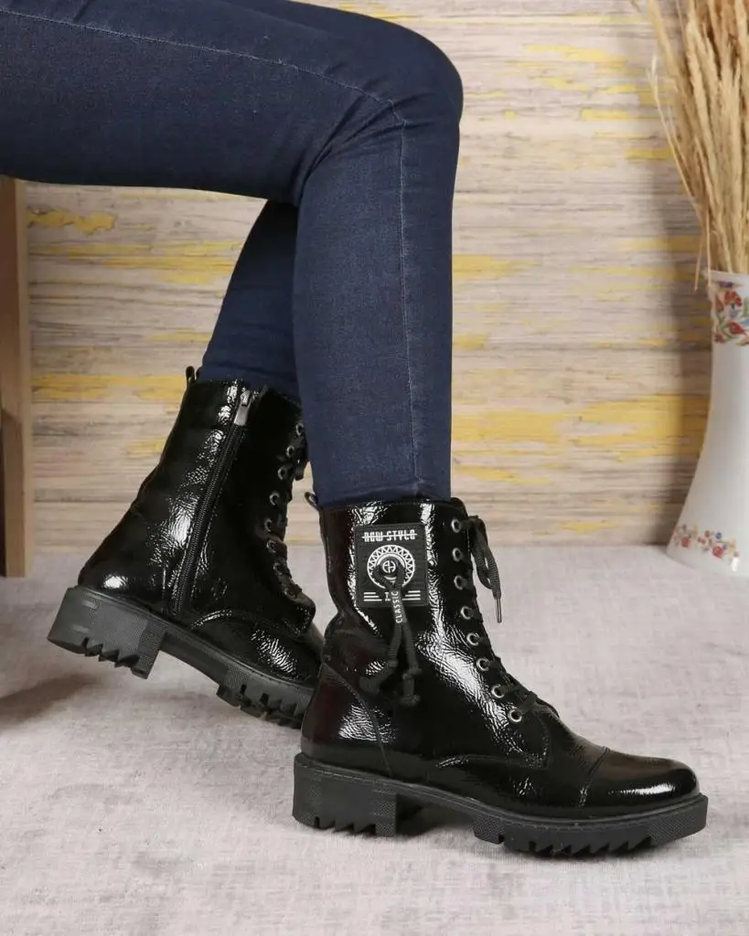 

Mosimoso Women's Ankle Height Boot Ruth Black Print Patent Leather Zipper Lace-up Women Boots