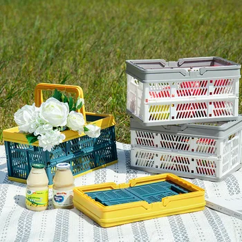 

Collapsible Plastic Storage Crate with Folding Basket Handle Container Fruit Vegetable Easy Picnic Bin Weaving Storage Baskets 2