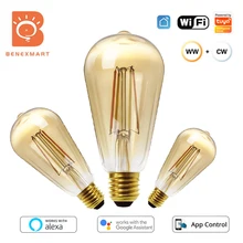 

Benexmart TUYA WiFi CCT LED Filament Bulb Smart ST64 E27 Edison Tungsten Lamp with Warm White Cool White Alexa Google Home