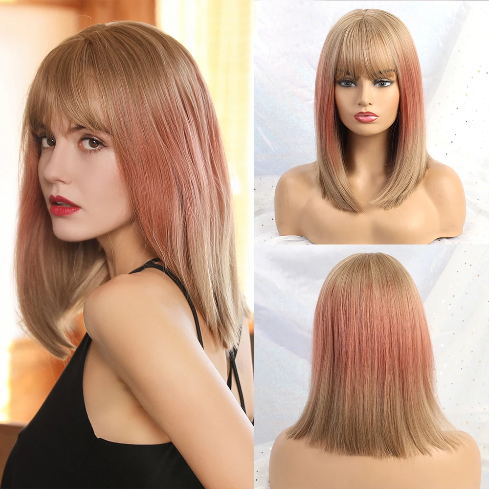

EMMOR Blonde Mixed Red Highlights Bob Synthetic Hair Wigs with Bangs Short Straight Heat Resistant Cosplay Wig for Black Women