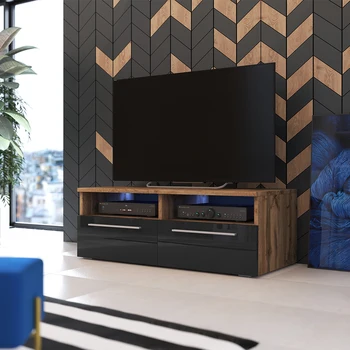 

Selsey PHIRIS - TV Stand / Minimalist TV Cabinet / LED / 100 cm / Golden Oak with Black Gloss Fronts