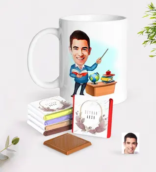 

Personalized Men 'S Teacher Caricature Of White mug And Chocolate Gift Seti-5