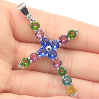 

54x38mm Multi Color Long Cross Created Blue Sapphire Citrine Peridot Aquamarine Gift For Sister Silver Pendant