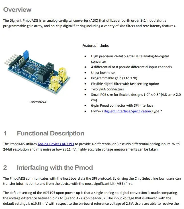 ShenzhenMaker Store 410-243 Data Conversion IC Development Board PMODAD5 ADC 4 channel 4.8 KHz 24 bit A/D converter AD7193