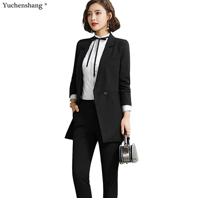 Black Pant Suits Новое поступление женский черный серый однотонный брючный костюм Зубчатый воротник на одной пуговице свободный Блейзер пиджак и брюки для офисных леди - Цвет: Black Pant Suits