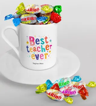 

Personalized Best Teacher Turkish coffee Cup and Haribo Candy Gift Seti-12