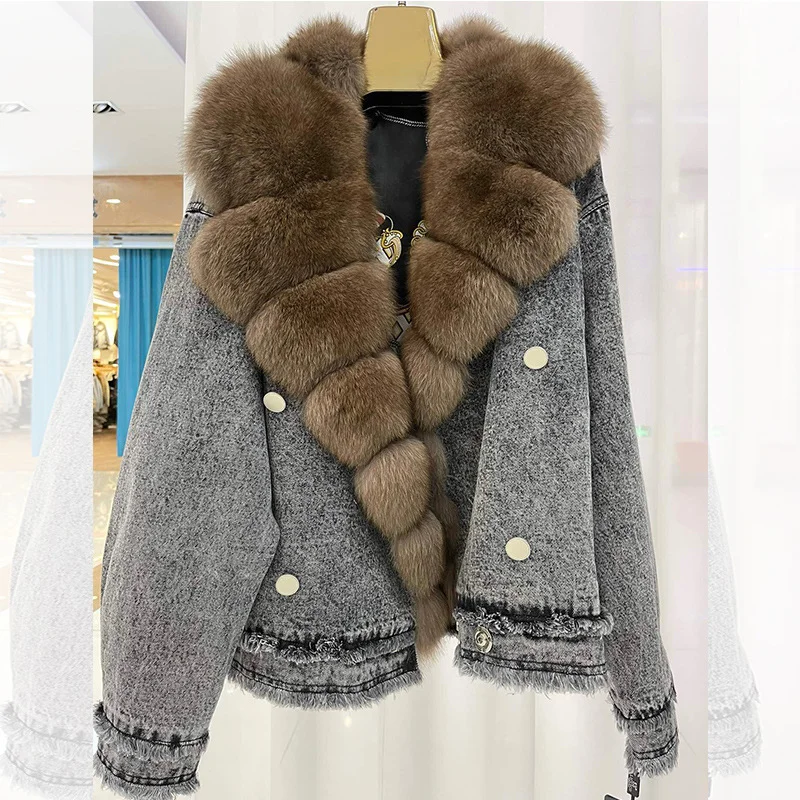 Denim Coat with Real Large Fox Fur Collar for Women, Furry Jacket, Fluffy Suit, Luxurious Brown and Yellow Coat, Winter Fashion