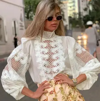 

Spring New Women Chiffon Blouse Shirt Sexy Transparent Mesh Beading Puff Sleeve Female office Shirts Lady Blusa Outfits