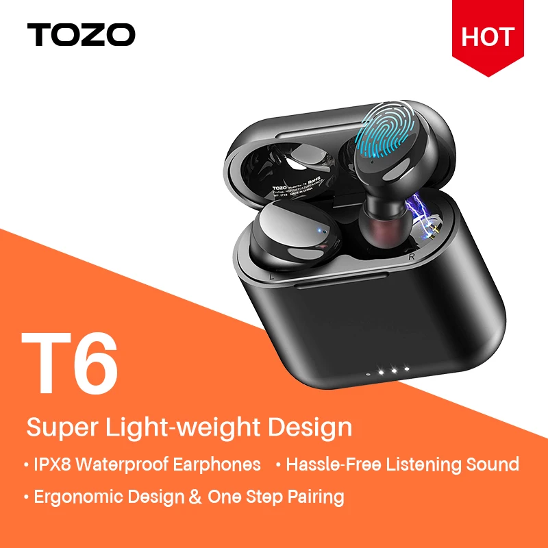 TOZO T6 Wireless Headset ,Bluetooth Earbuds Powerful Customized Deep Sound ,With Comfortable Wearing , 30H Music Playtime