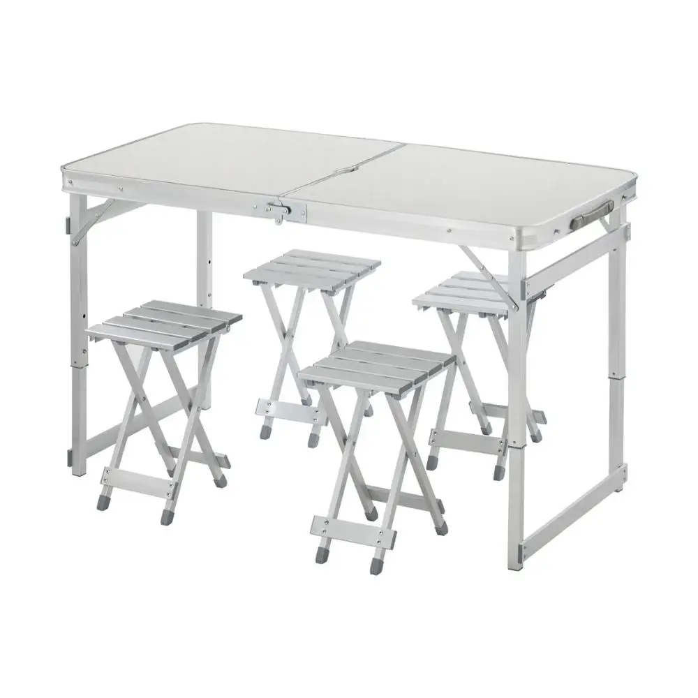

4 ft Folding Table with 4 Aluminum Stools Aluminum Camping Table with Umbrella Hole and Handles Portable Picnic Table
