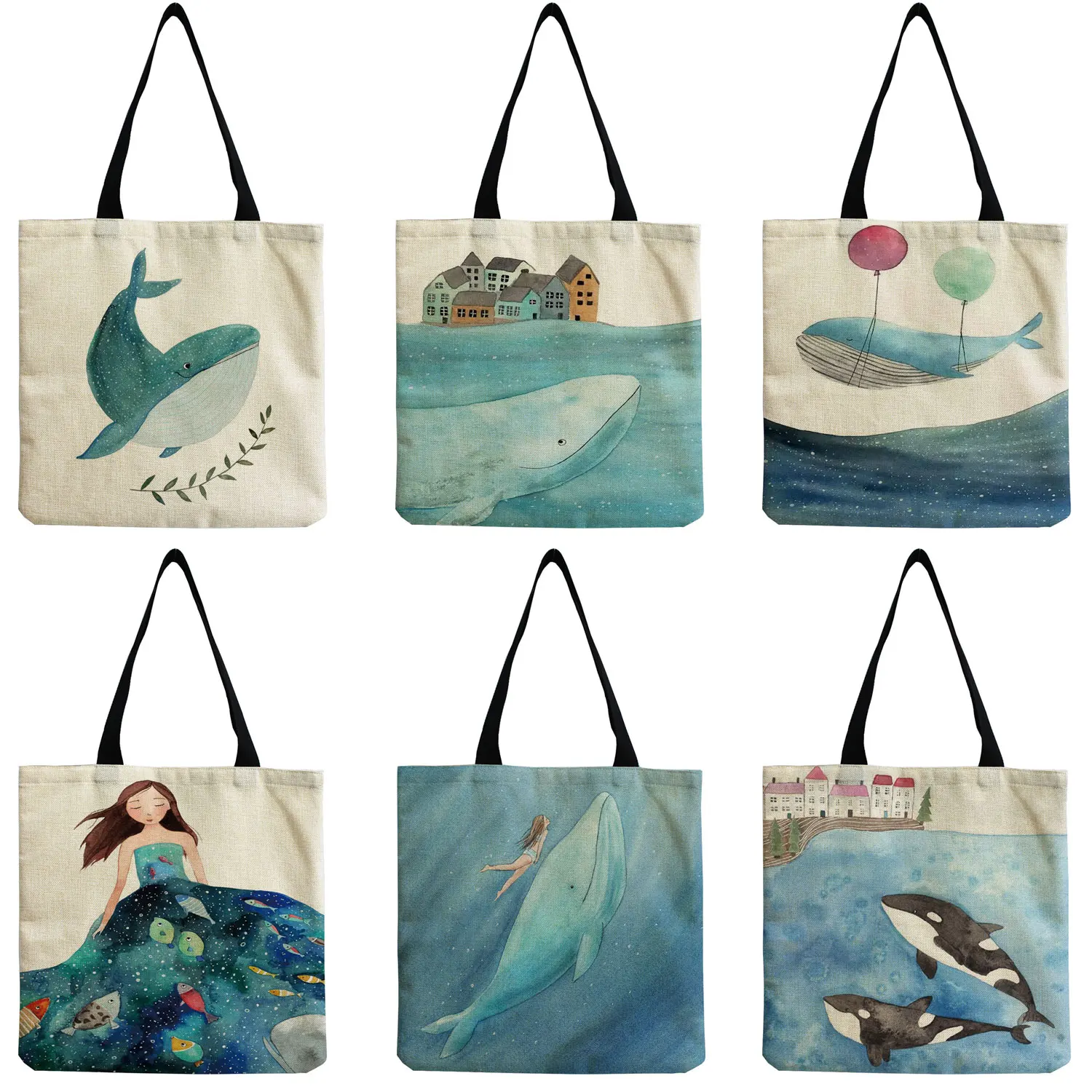 Whale Girl Print Handbags Fresh Cute Sea Series Shopper Bag Women Blue  Large Capacity Totes Designer Beach Bag Custom Pattern - AliExpress