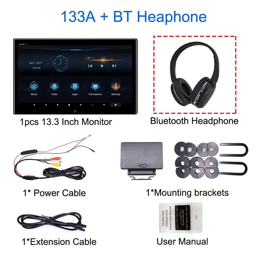 1PCS 133A-BT ONKAR 13,3 дюймов Android 9,0 Автомобильный подголовник монитор 2+ 16GB 4K 1080P видео Bluetooth FM Miracast wifi SD карта HDMI экран зеркальное отображение - Цвет: 1PCS 133A-BT