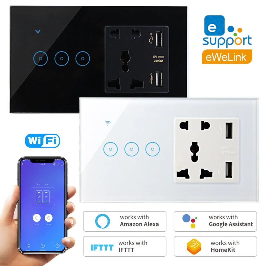 Универсальная Розетка с 5 отверстиями Wi Fi USB и умным выключателем настенный