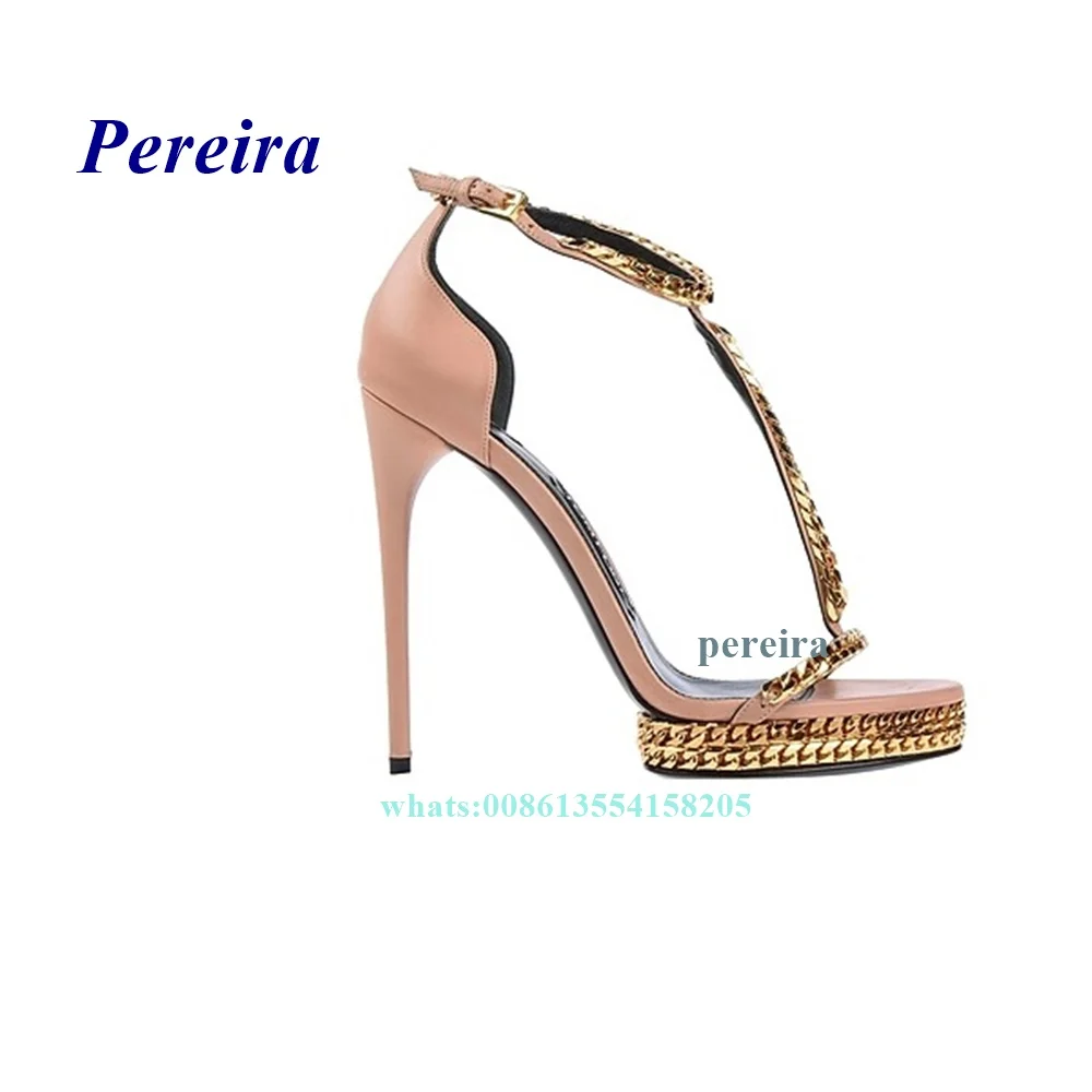 Black Metal Decor Chain Sandals 2022 Open Toe Platform Chain Sandals Thin Heel Leather Cover Heel Buckle Strap Women Shoes Sexy