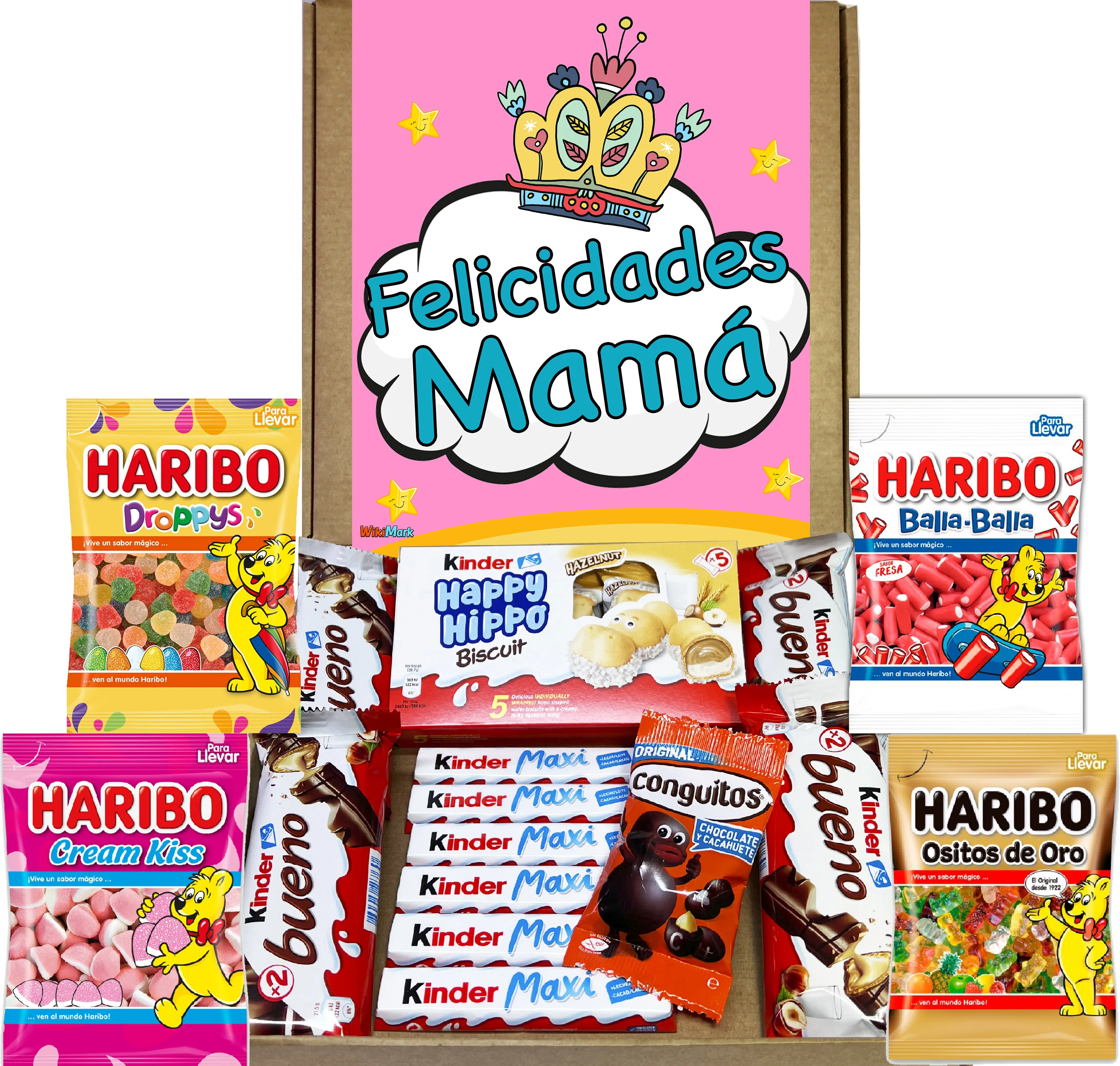 Regalo Cumpleaños Mamá. Chocolate Kinder Variada y Ositos Haribo, Caja de Bombones Chocolate Kinder, Cesta de Regalo de Chocolate Día de la Madre.