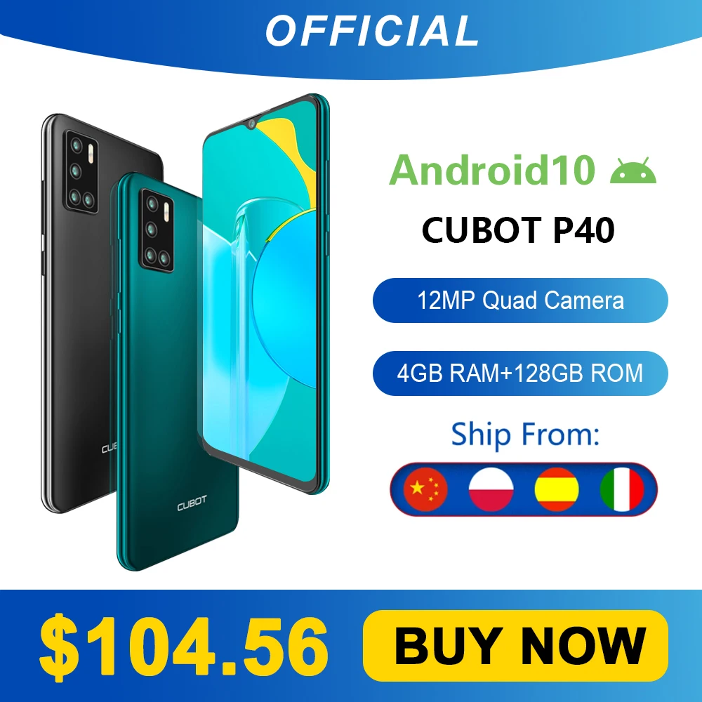 Cubot P40 Achter Quad Camera 20MP Selfie Smartphone Nfc 4 Gb + 128 Gb 6.2 Inch 4200 Mah Android 10 dual Sim-kaart Mobiele Telefoon 4G Lte