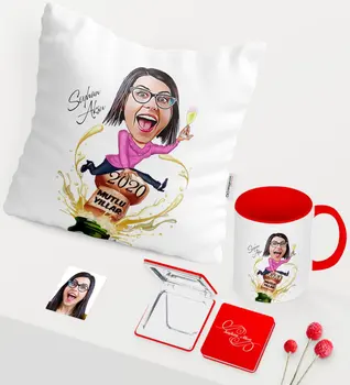 

Personalized Christmas Themed Lady Caricature Of Red Mug Mirror Pillow set-6