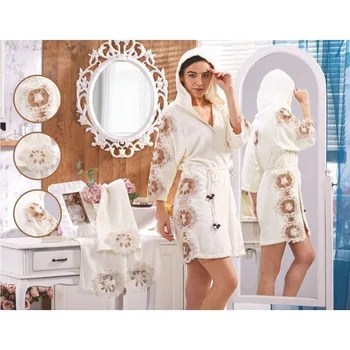 

Elvira Home Bamboo Towel French lace Luxury Lady Women Bathrobe Set