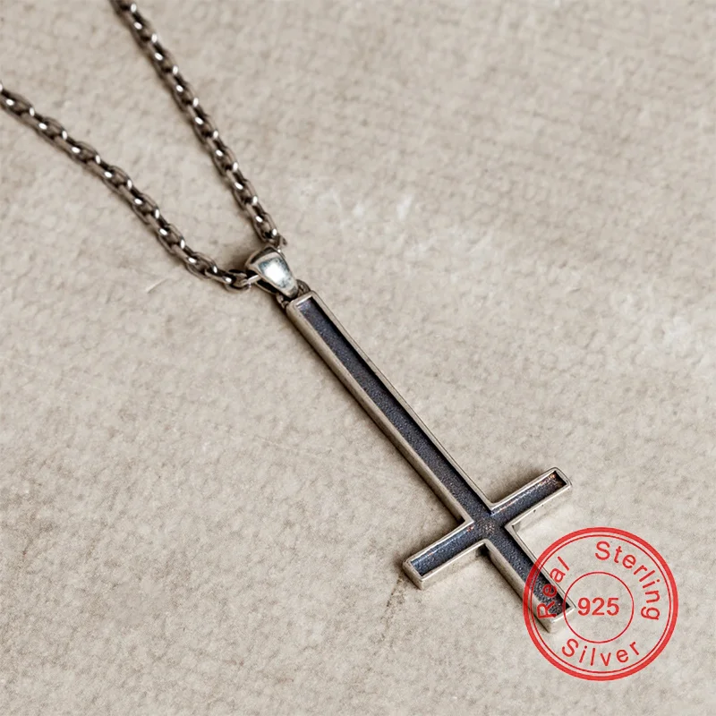 New 100% 925 Sterling Silver Cross Pendant Necklace For Men Women Vintage Gothic Satan Inverted Devil Simple Jewelry Gift Party