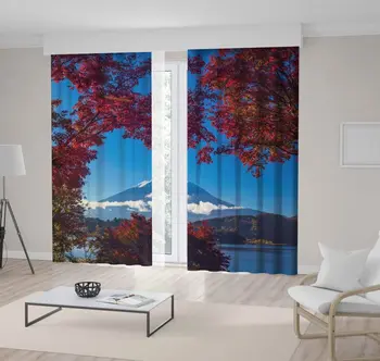 

Curtain Mountain Fuji and Lacquer Kawaguchiko Autumn Trees Clear Sky Sunny Day Landscape View Burgundy Green Blue