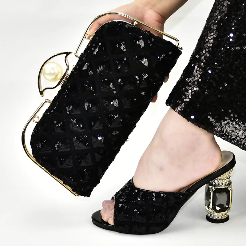 

Women fashion black slippers shoes and matching clutches bag with many sequins for nigeria party shoe bag SB8439-4