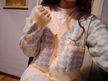 HEYounGIRL pata de gallo a cuadros estampado Cardigan mujeres otoño cuello V Vintage Top corto de punto suéter Casual suelto de punto de invierno