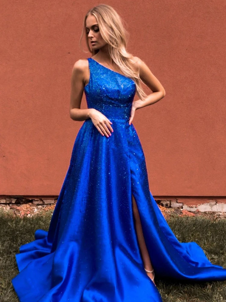 red prom dress One-Shoulder Satin Royal Blue Long Prom Dress With Split Prom Dress Sleeveless A-LINE One-Shoulder Formal Party Dress 2022 New rose gold prom dress