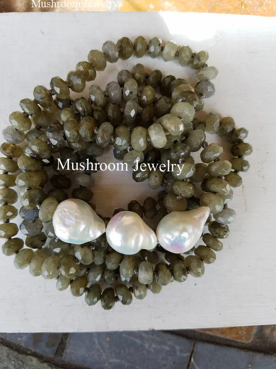 

Long Knot Boho Labradorite Necklace baroque Pearl Necklace