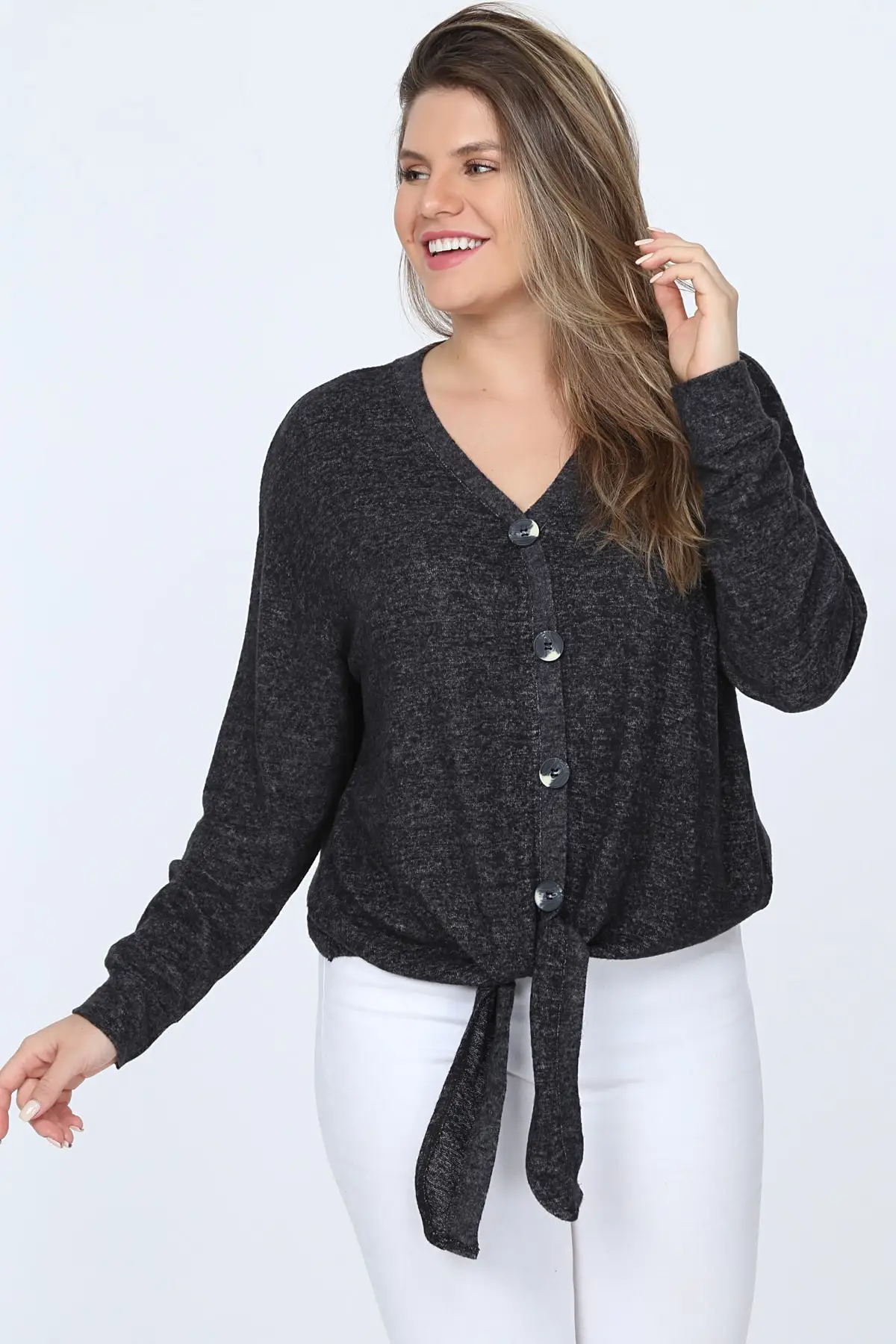 

Big Free Women Anthracite Button Front Lacing Sweater Cardigan TB20KB261649