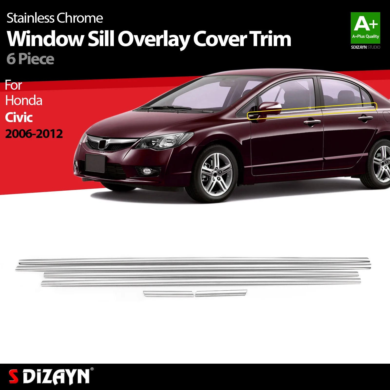 

S Dizayn For Honda Civic Chrome Window Sill Overlay Cover Trim Stainless Steel 6 Pc Exterior Car Accessories Parts Auto Products