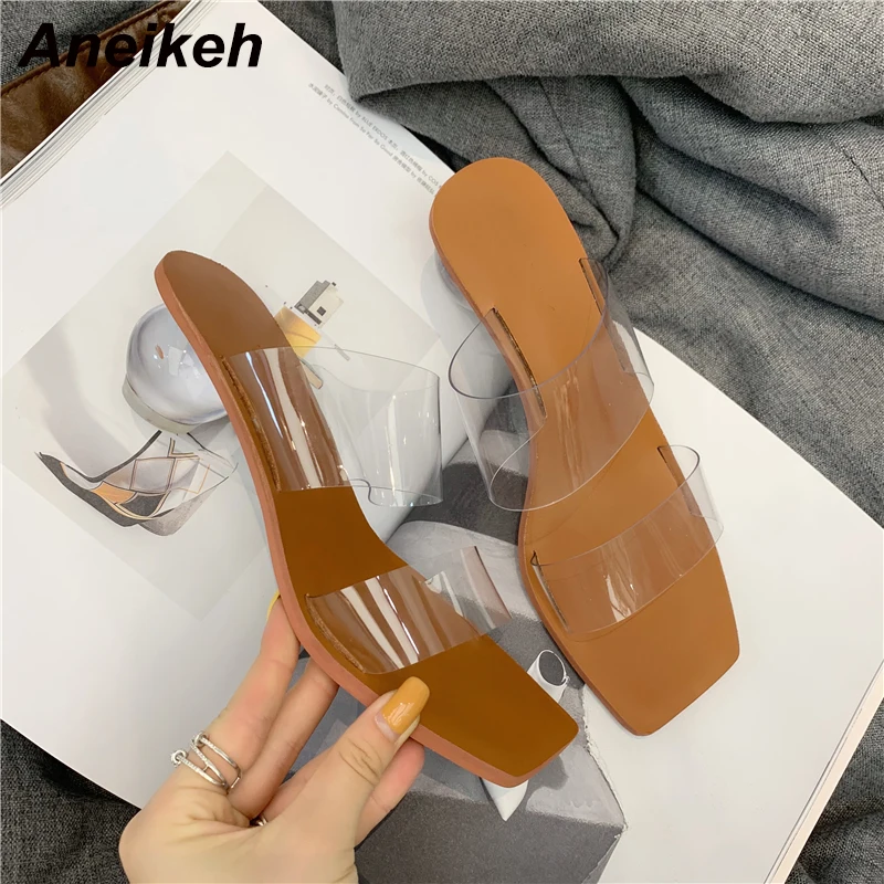 Aneikeh; летние женские шлепанцы с геометрическим каблуком и кристаллами; прозрачные сандалии с квадратным носком из ПВХ; Sandalias Mujer - Цвет: brown