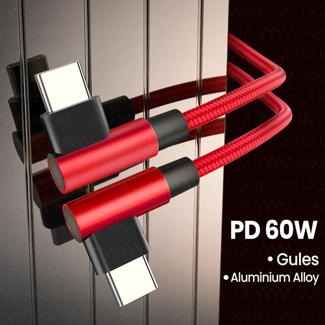 3A double elbow Type-c to USB C 60W fast charging data cable For Huawei Samsung Xiaomi mobile phone charging cable 1m/2m/3m Red