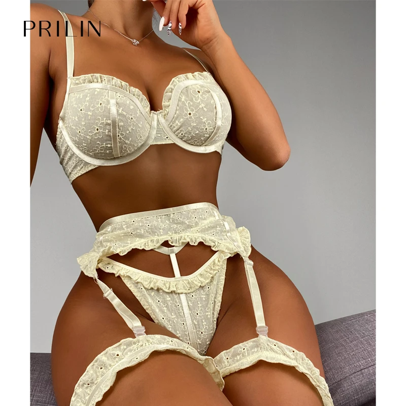 

PRILIN Women Sexy Lingerie Sets Garter Belt Leg Straps Lace Push Up Underwire Bras Thong Temptation Erotic Sensual Underwear