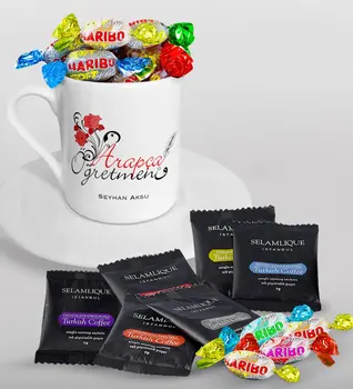 

Personalized Arabic Teacher Turkish coffee Cup Selamlique Mixed Turkish Coffee House and Haribo Candy Gift Seti-1