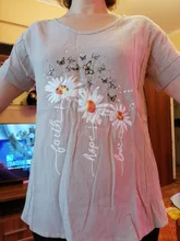 Feitong suave de algodón Blusa camisa de lino de las mujeres casuales de dibujo de margarita o-Cuello de manga corta Camisa Blusa Tops Blusa de mujer