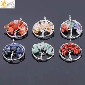 

CSJA Tree of Life Necklace & Pendant Silver Color Crystal Natural Gem Stone Chip Beads 7 Chakra Wire Wrapped Women Jewelry F141