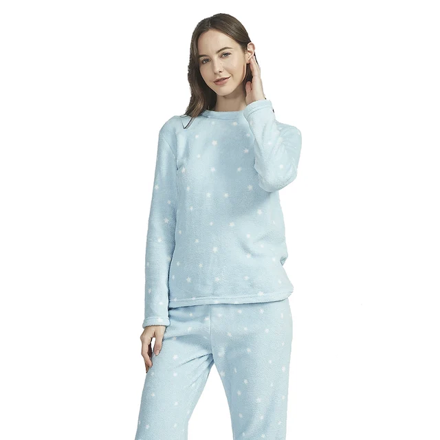 PimpamTex - Women's Autumn Winter Coral Long Sleeved Pyjama Set, Warm Winter Coral Printed Pyjama Set with Soft Touch, Wide Vari Estrella celeste