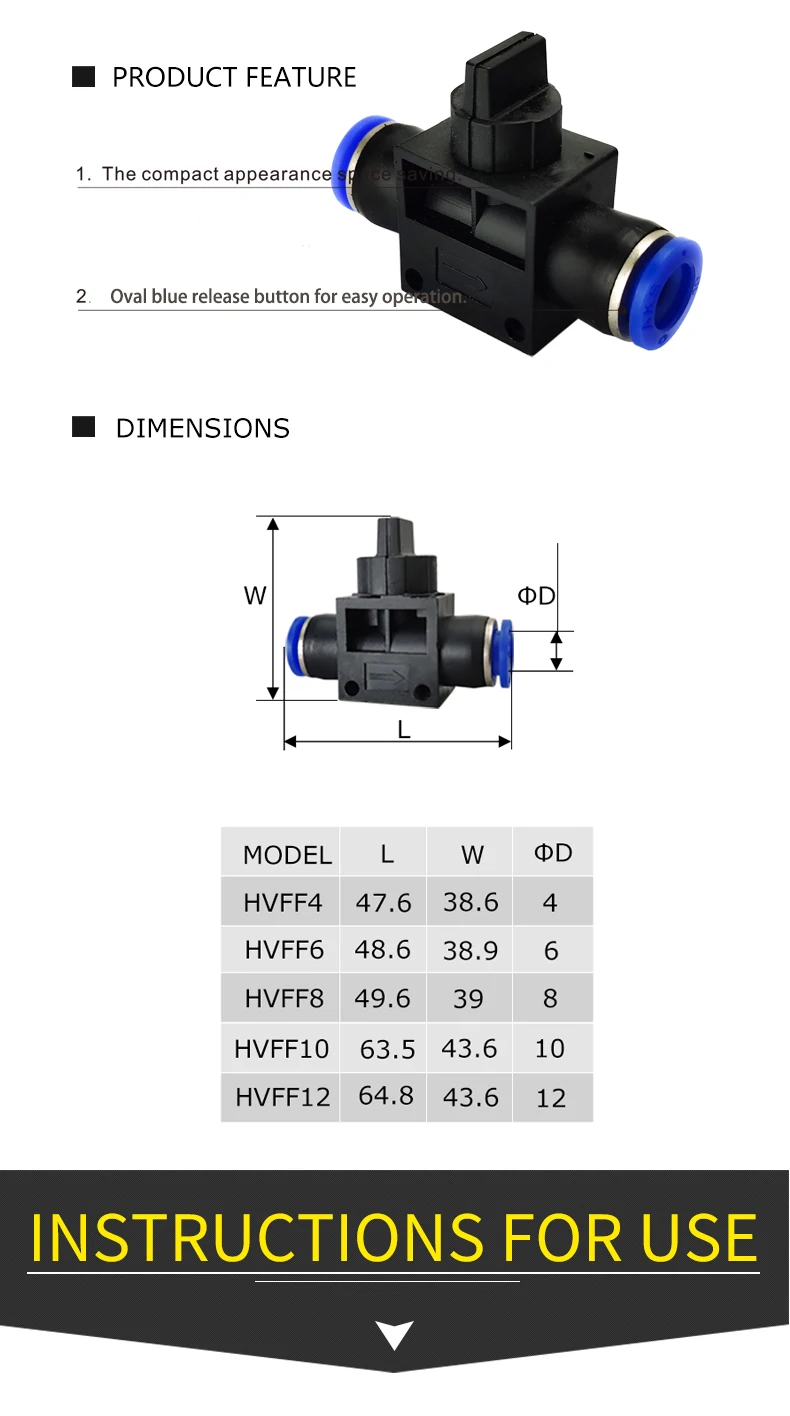 Description Picture 4 of item50PCS HVFF Series Pipe Air Connectors Direct Thrust 4 to 12mm Plastic Hose 4/6/8/10/12mm Quick Couplings Pneumatic Fitting