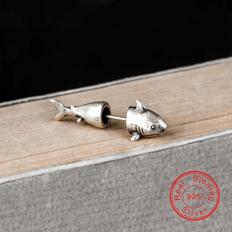 100% 925 Sterling Silver Shark Stud Earring For Men Women Ocean Animal Punk  Creative Gothic Vintage Women's Men's Jewelry Gift - AliExpress