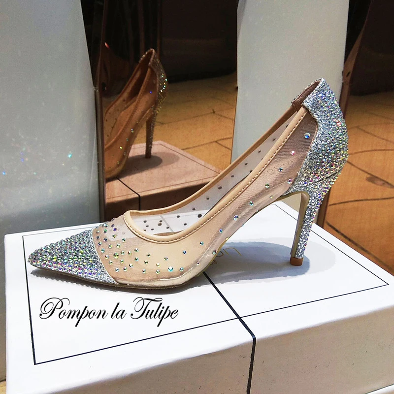 

MNK 930015 Rhinestone Mesh Shiny Pointed Toe Elegant Sheepskin Pumps 6/9CM Chic Stilettos Fancy Party Wedding Women Shoes
