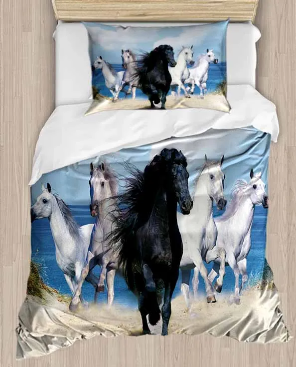 

Черно-белые бегущие лошади на пляже с песком 4 шт. хлопковый сатиновый односпальный Комплект постельного белья с 3D принтом Подушка Чехол простыня