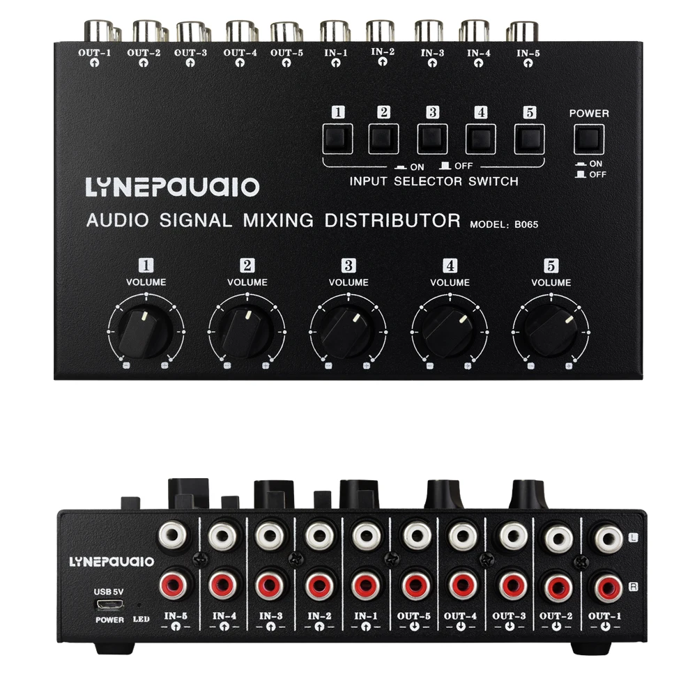5-in 5-out audio signal selection mixing splitter \\ output independent volume adjustment RCA interface