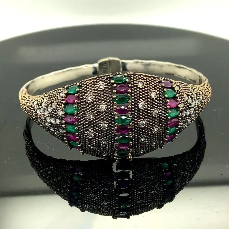 

925k Silver with Ruby and Emerald Stone Handmade , Ottoman Jewelry Special Design Ladies Bracelet, natural stones For you