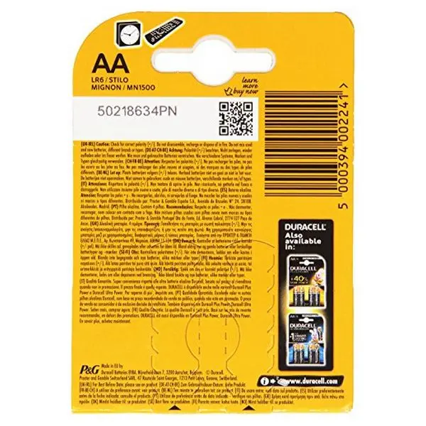 Щелочные батарейки DURACELL Simply DURSIMLR6P4B LR6 AA 1,5 V(4 шт